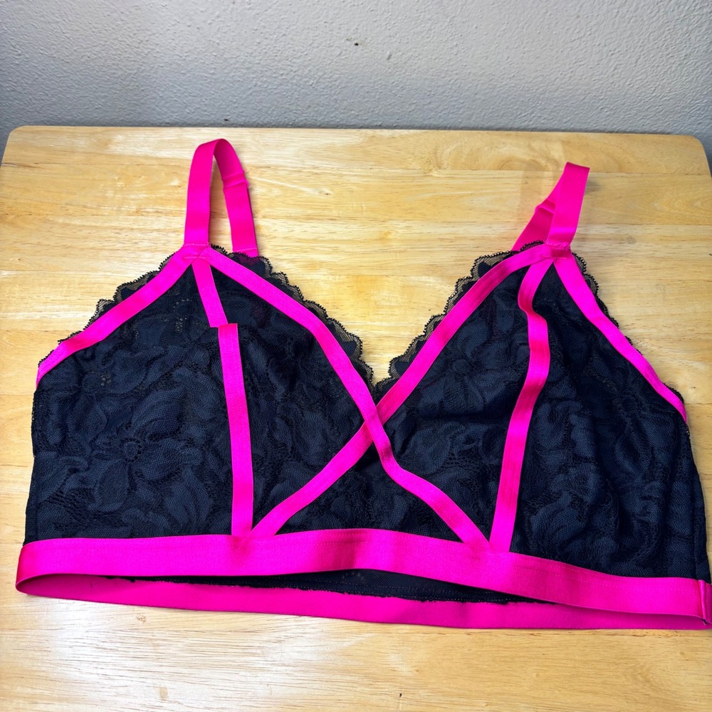 Torrid Bralette Womens 0 Black Pink New Neon Nights Lace Strappy Cage 41601163